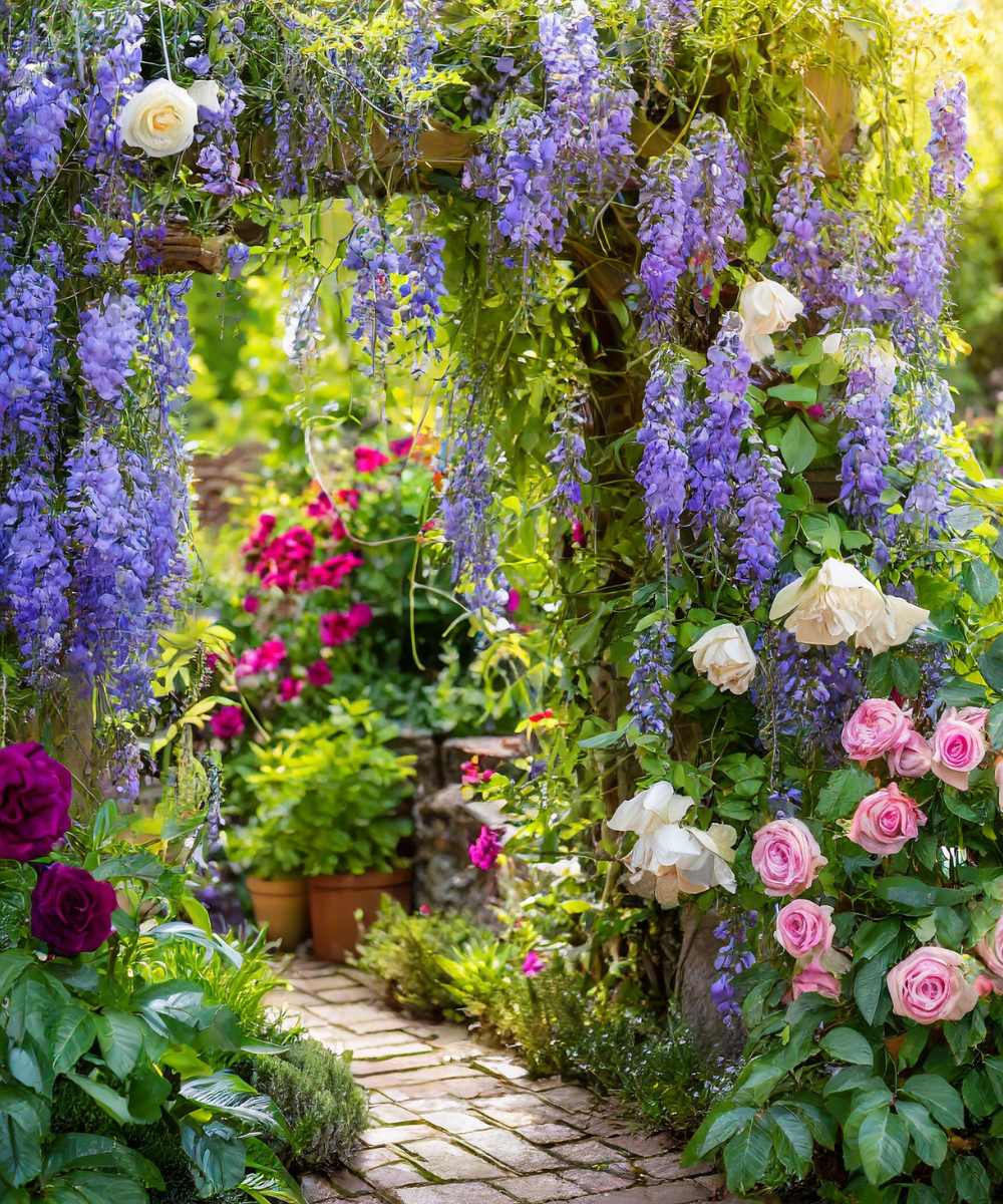 Cottage garden with climbing flowers 1
