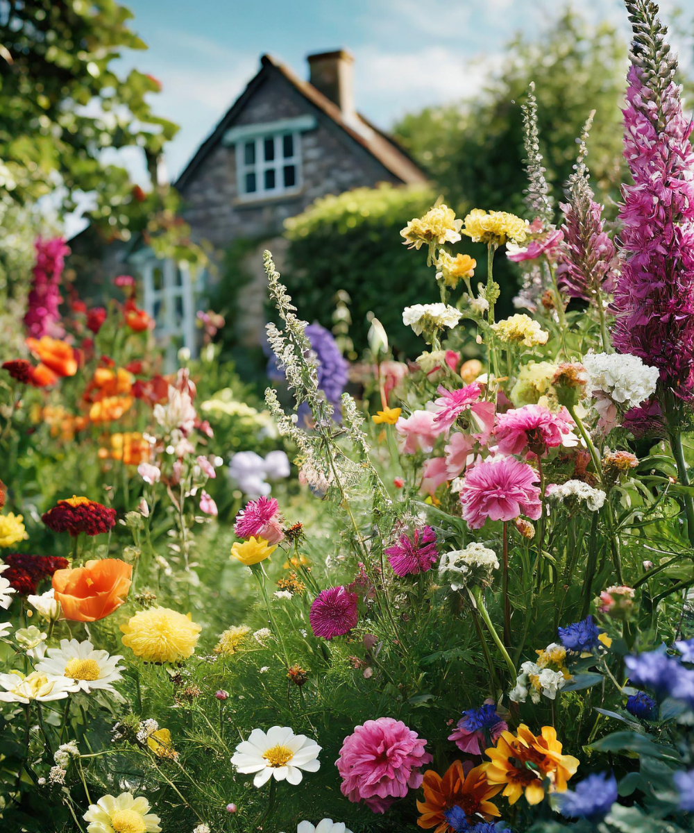 Cottage garden with colorful flowers
