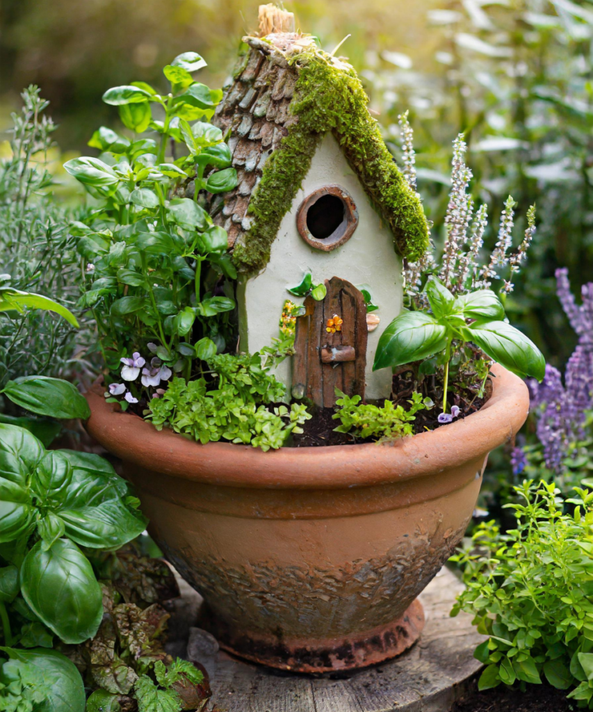 Fairy Garden herbs growing in a pot