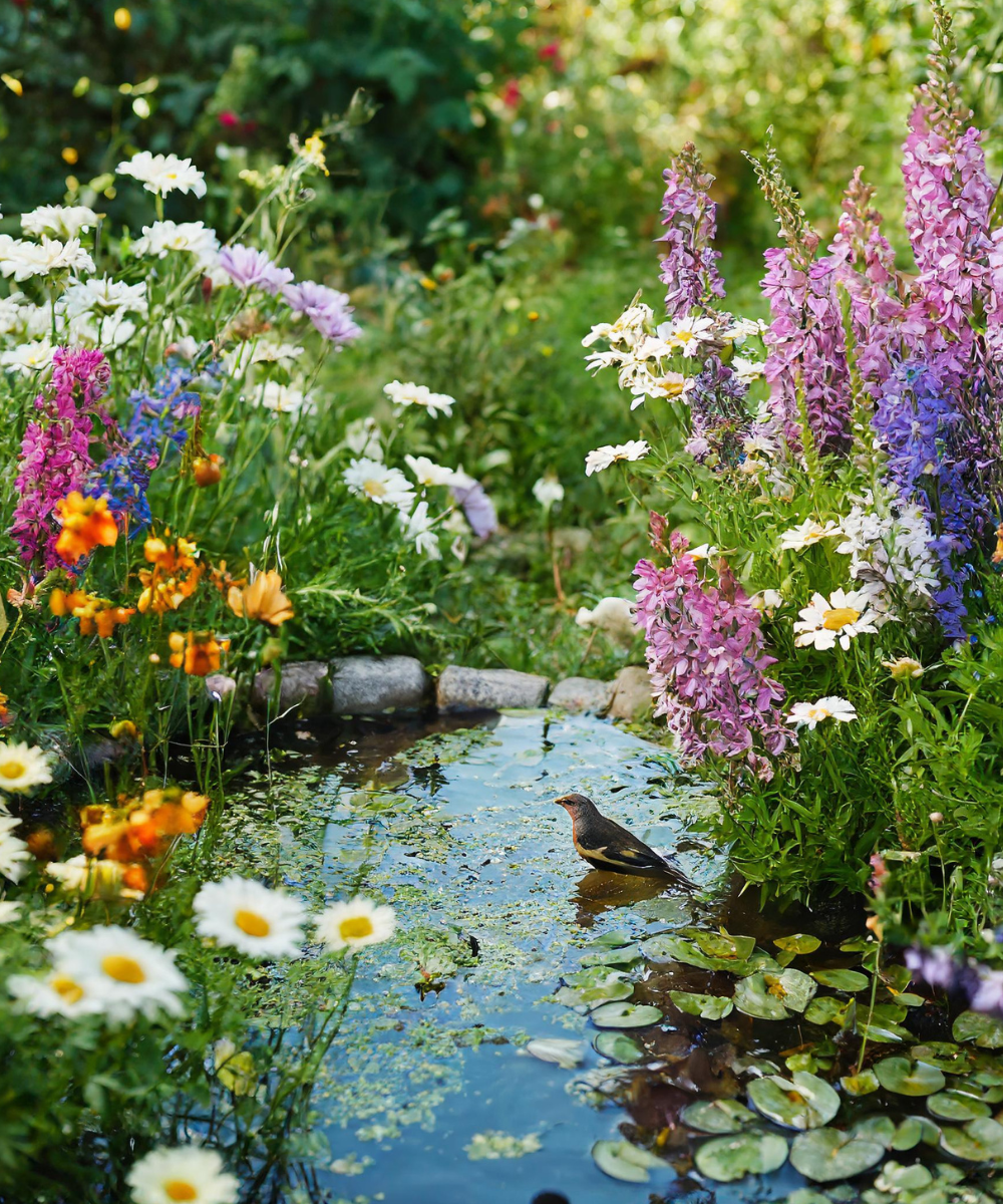 Water with cottage garden
