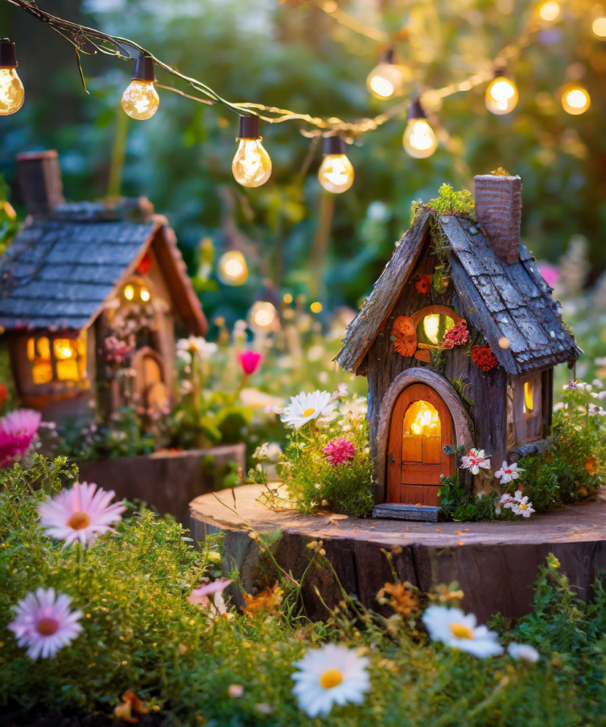 tiny Fairy Gardenhousees lights ad dasies